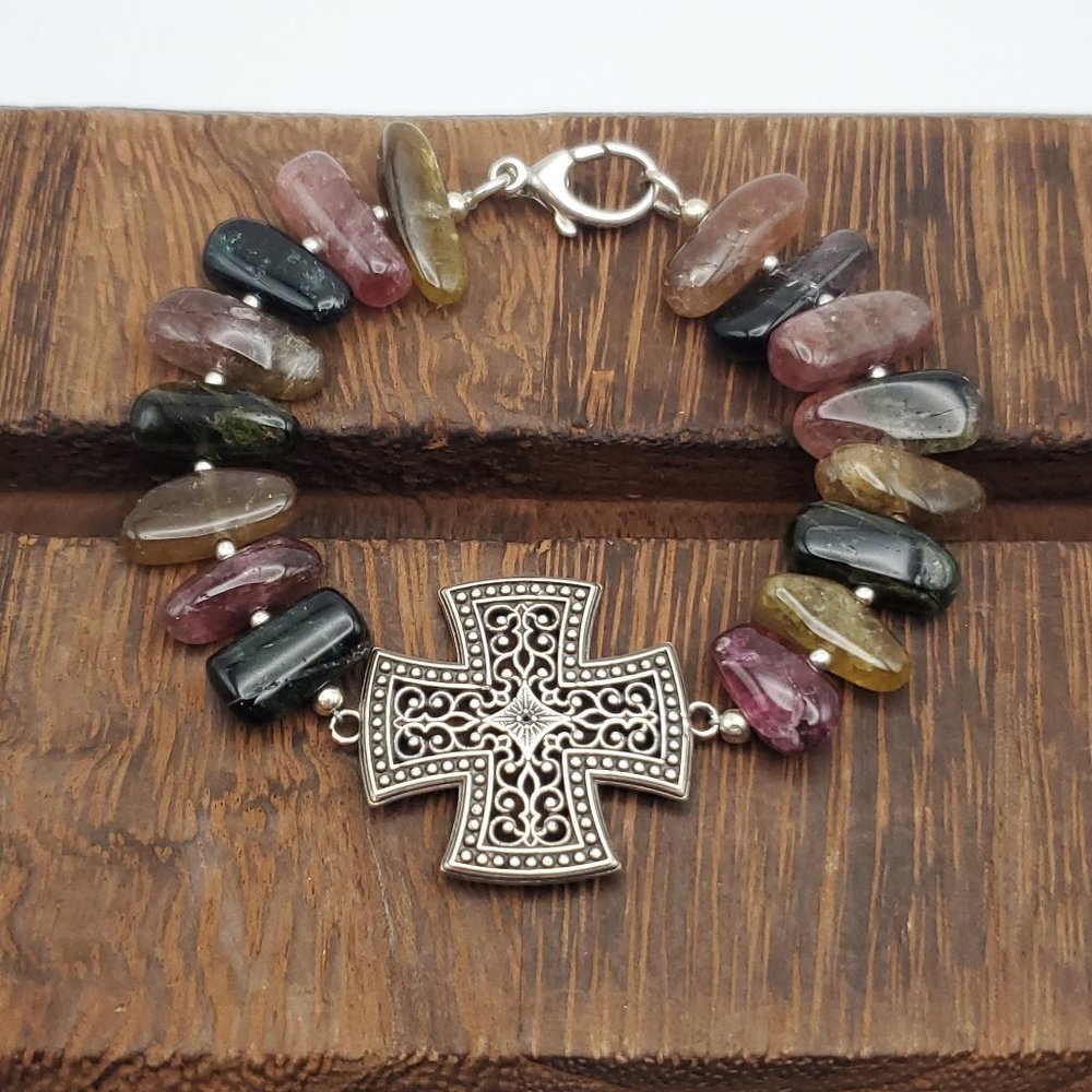 8 Inch 925 Sterling Silver Semi Precious Colorful Stones Iron Cross Bracelet